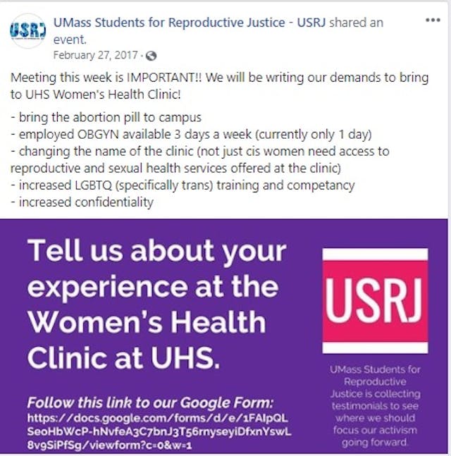 UMass students for Reproductive Justice to bring abortion pill to campus (Image credit: Facebook) Image: UMass students for Reproductive Justice to bring abortion pill to campus (Image credit: Facebook)