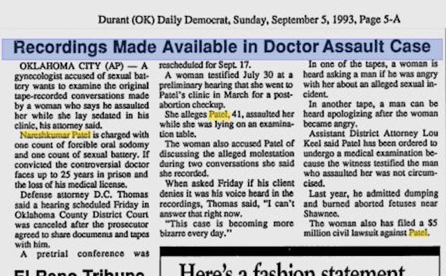 Abortionist Patel sexual misconduct Image: news article