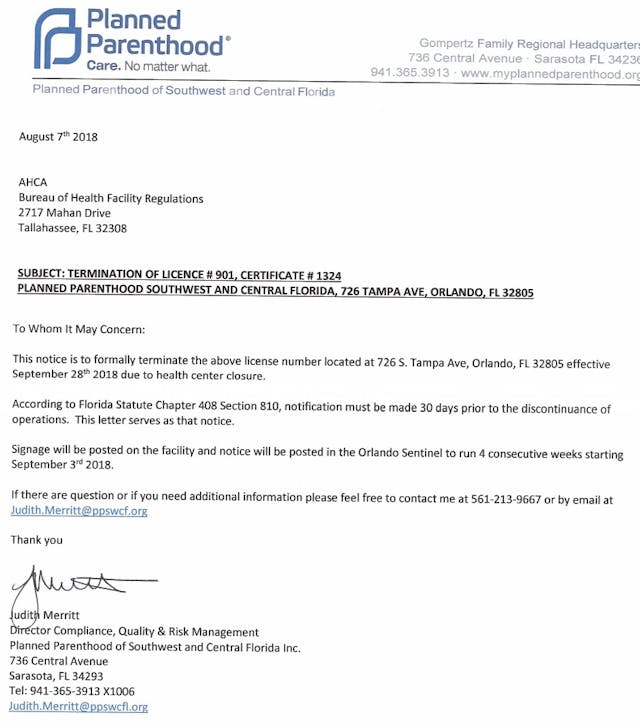 Planned Parenthood letter of closure Orlando Fl Image: Planned Parenthood letter of closure Orlando Fl