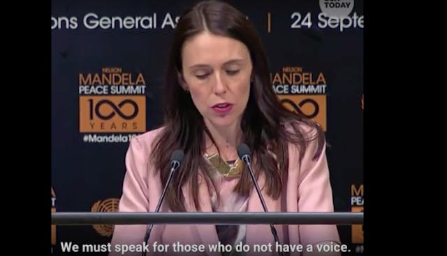 Ardern makes ironic remarks at the UN General Assembly regarding speaking for “those who do not have a voice.” Ardern is pro-abortion. New Zealand prime minister Jacinda Ardern