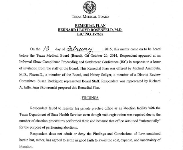 Abortionist Bernard Rosenfeld complaint Texas Medical Board Image: Bernard Rosenfeld complaint Texas Medical Board