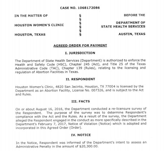 Houston Women’s Clinic abortion facility fined twenty thousand dollars by state health department Image: Houston Women's Clinic abortion facility fined twenty thousand dollars by state health department