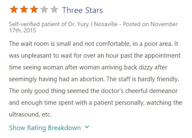 Yury J Nosaville Review of Houston Women’s Clinic abortion (Image credit: Vitals.com) Image: Yury J Nosaville Review of Houston Women's Clinic abortion (Image credit: Vitals.com)