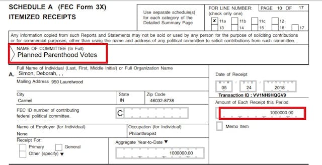 Image: Deborah Simon one million to Planned Parenthood political PAC (Image credit: FEC)