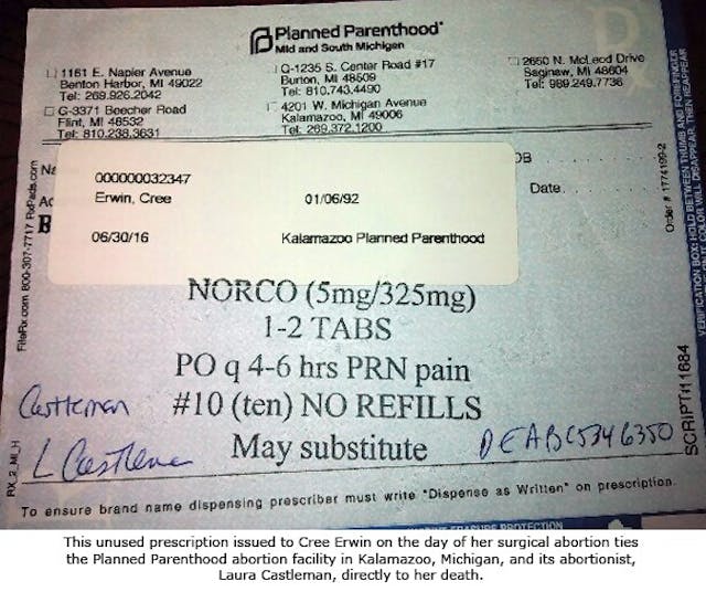 Image: Planned Parenthood doctor Laura Castleman script to Cree Erwin (Image credit: Operation Rescue)