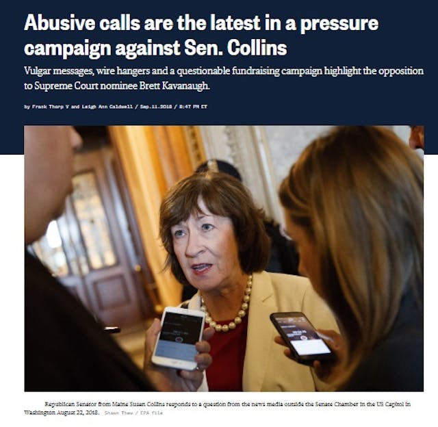 Sen Susan Collins threatened by abortion supporters (Screen from NBC News) Image: Sen Susan Collins threatened by abortion supporters (Screen from NBC News)