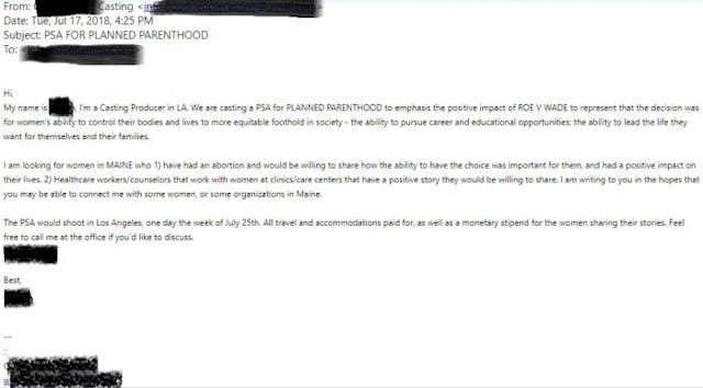 Email from a casting agency requesting women to share abortion stories. PSA for Planned Parenthood email casting call for positive abortion experiences