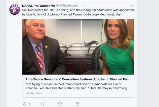Screenshot of NARAL Pro-Choice VA tweet Democrats for Life