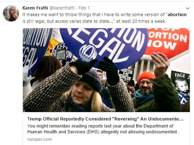 Image: Karen Fratti tweet on abortion (Image: Twitter)