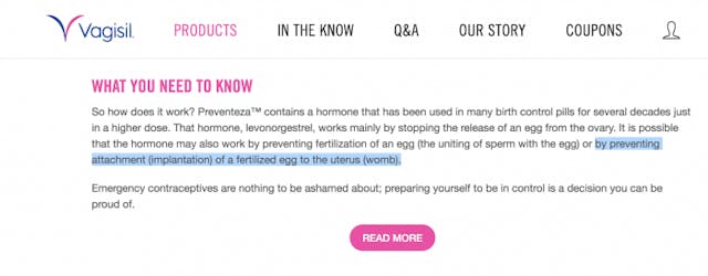 Vagisil adds potentially abortion-causing emergency contraceptive to product line image