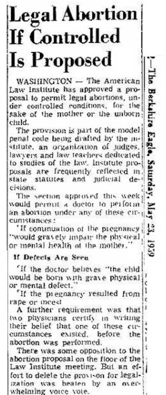 American Law Institute Model Penal Code on Abortion 1959 Image of Article: ALI abortion code