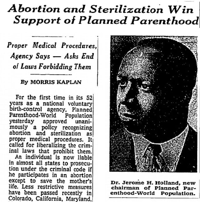 Planned Parenthood uses Black man to push abortion (Image: New York Times 1968) Image news article on Planned Parenthood and Abortion