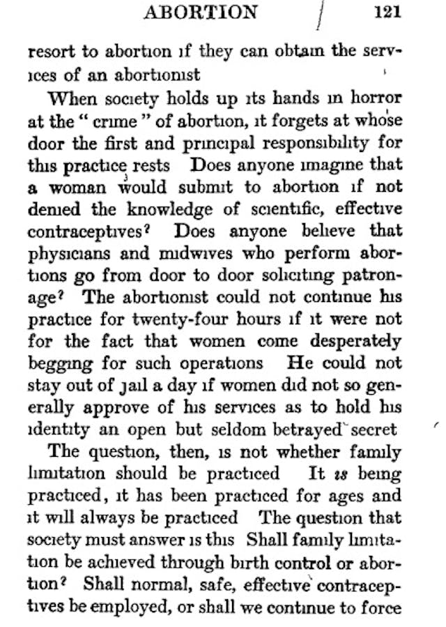 Margaret Sanger talks abortion in Woman and the New Race Image of page of book