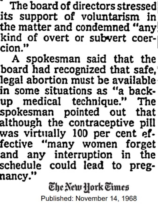 Planned Parenthood first calls for legalizing abortion 1968 (Image: New York Times) Image of New York Times article on Planned Parenthood and abortion
