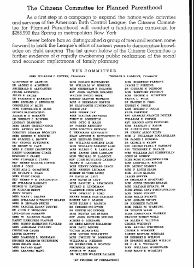 Committee on Planned Parenthood 1938 ABCL Image from Sanger's publication