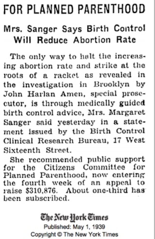 Planned Parenthood mentioned in 1939 in NYT Image of article