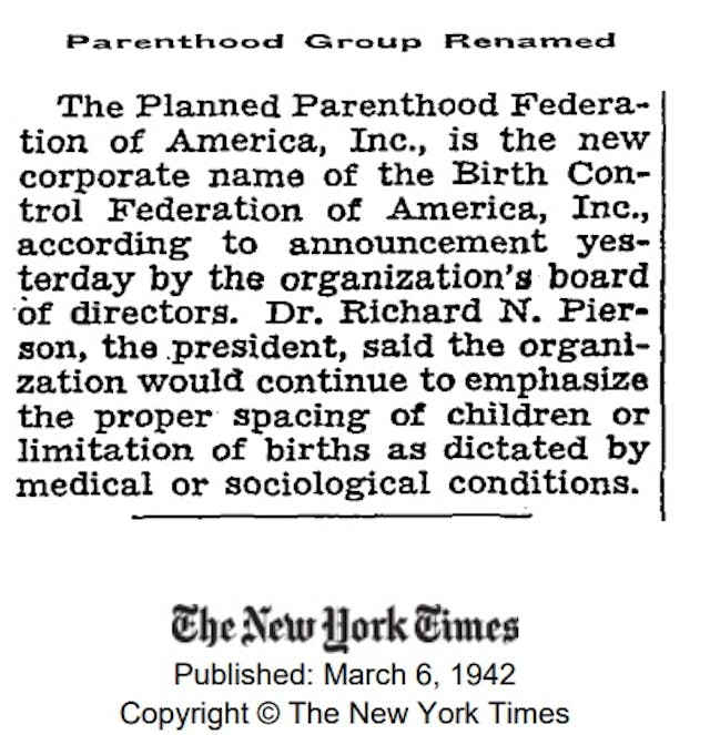 Planned Parenthood founded in 1942 (Image: New York Times) Image of news article