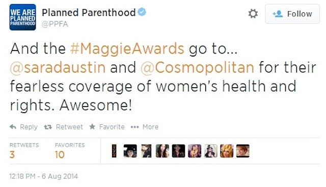 Planned Parenthood grants award to Cosmopolitan (Image Twitter) Image of Tweet