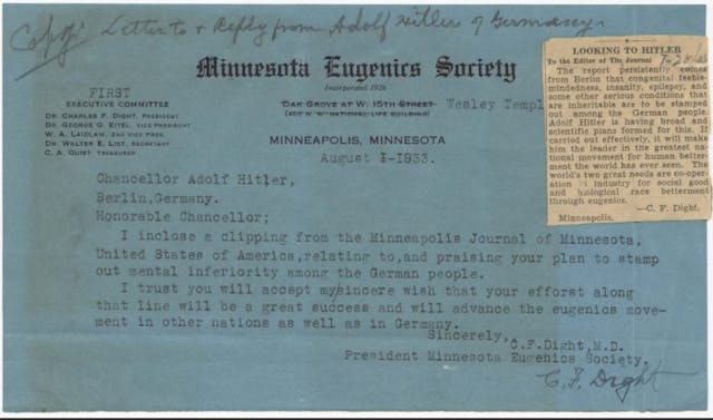 Charles F Dight letter to Hitler ( Image from document provided by the Minnesota Historical Society)