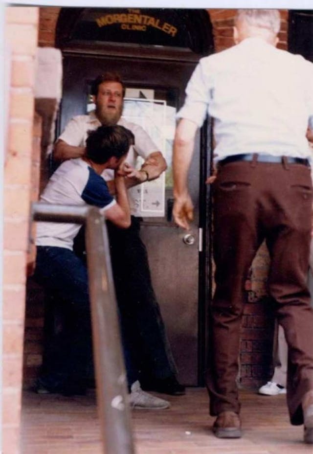 Abortionist Robert Scott in a scuffle with a pro-lifer at the Morgentaler abortion facility, then on Harbord Street, circa 1987. Courtesy of The Interim. 793Altercation_with_Robert_Scott12_645_935_55