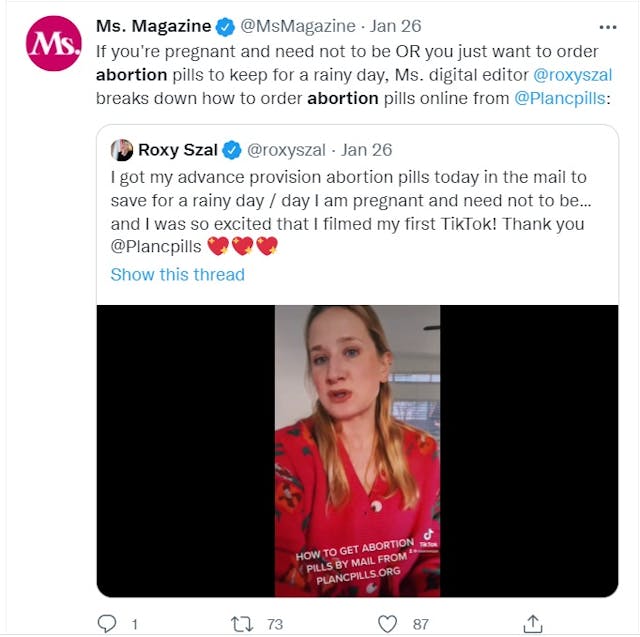 Ms. Magazine editor claims she got advance provision of abortion pills from Aid Access (Image: Twitter) Image: Ms. Magazine editor claims she got advanced provision of abortion pills from Aid Access (Image: Twitter)