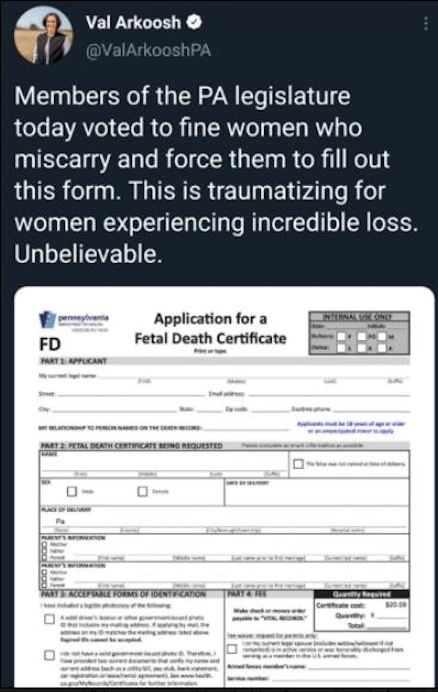 No, Pennsylvania legislation would not fine women for miscarriages image