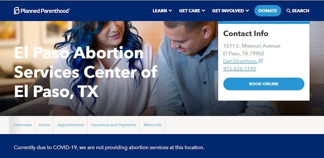 Screenshot, Planned Parenthood El Paso. El Paso
