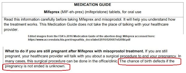 FDA 2016 Mifeprex Medication Guide birth defects unknown in abortion pill Image: FDA 2016 Mifeprex Medication Guide birth defects unknown in abortion pill