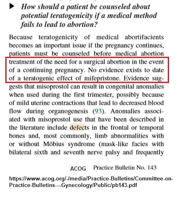 ACOG Practice Bulletin 2014 abortion pill birth defects in continued pregnancy, admitting “no evidence of teratogenic effect of mifepristone” Image: ACOG Practice Bulletin 2014 abortion pill birth defects in continued pregnancy