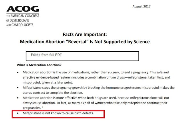 ACOG says Mifepristone abortion pill is not known to cause birth defects Image: ACOG says Mifepristone abortion pill is not known to cause birth defects