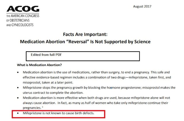 Image: ACOG says Mifepristone abortion pill is not known to cause birth defects