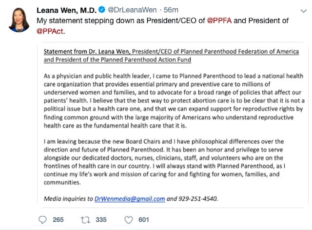 Shock: Planned Parenthood prez Leana Wen ousted ‘effective immediately’ image