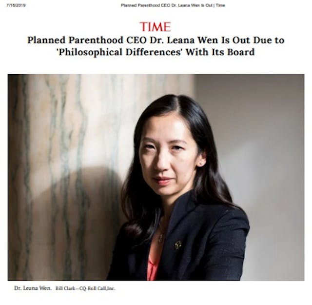 Time headline on Leana Wen leaving PPFA 07162019 (Image Time Magazine) Image: Time headline on Leana Wen leaving PPFA 07162019 (Image Time Magazine)