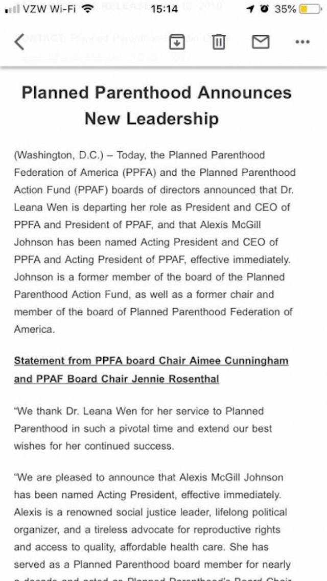 PP announcement, stating that Wen is “departing her role… effective immediately.” Shock: Planned Parenthood prez Leana Wen ousted ‘effective immediately’ image