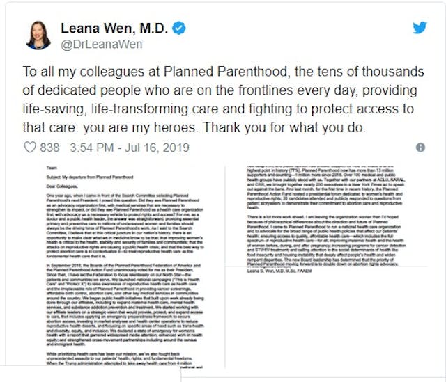 Leana Wen Tweet w Letter about leaving PPFA 07162019 Image: Leana Wen Tweet w Letter about leaving PPFA 07162019