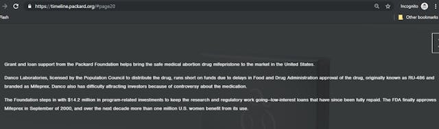 Packard Timeline shows it invested in abortion pill mfg Danco (Packard Foundation website accessed 07/10/2019) Image: Packard Timeline shows it invested in abortion pill mfg Danco (Packard Foundation website accessed 07/10/2019)