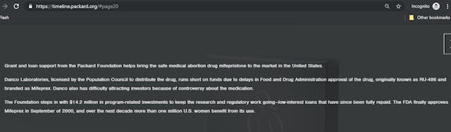 Image: Packard Timeline shows it invested in abortion pill mfg Danco (Packard Foundation website accessed 07/10/2019)