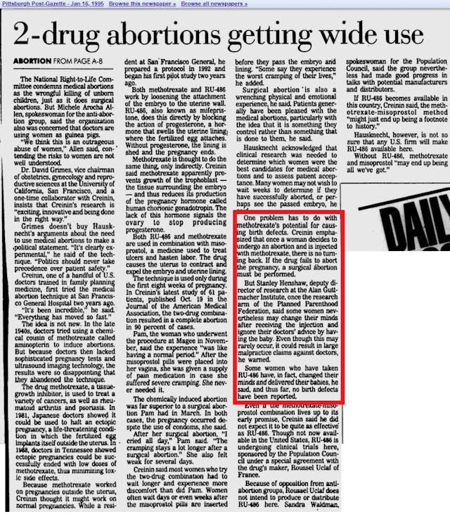 Guttmacher women had no birth defects after abortion pill: Pitts Post Gazette 1995 Part Two Image: Guttmacher women had no birth defects after abortion pill: Pitts Post Gazette 1995 Part Two