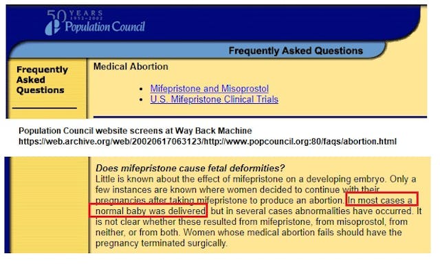 Population Council website WBM 2002 abortion pill and birth defects on continued pregnancy Image: Population Council website WBM 2002 abortion pill and birth defects on continued pregnancy