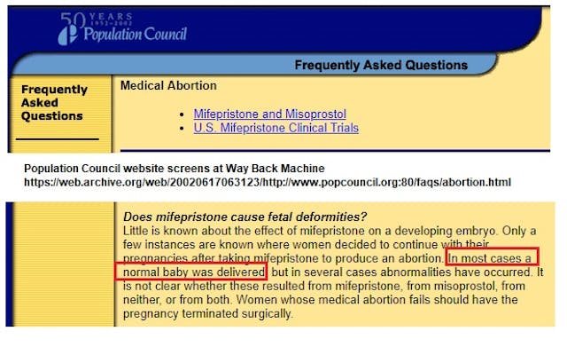 Image: Population Council website WBM 2002 abortion pill and birth defects on continued pregnancy