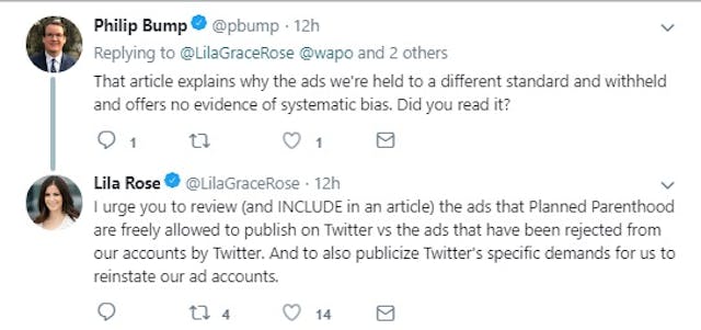 Image: WAPO correspondent Philip Bump and Lila Rose debate over Tech censorship (Image: Twitter)
