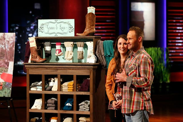 SHARK TANK – “Episode 511” – ABC Television Network. (ABC/Kelsey McNeal) Melissa and Rick Hinnant of Grace and Lace SHARK TANK - "Episode 511" - A husband & wife team from Austin, TX shock the Sharks' with their extremely lucrative online sales for knee-high boot socks. Two publicists from Santa Monica, CA created a stylish clutch for easy access to your smart phone and just the essentials. A couple from San Ramon, CA solve a school day dilemma by providing kids a way to personalize and create their own lunchbox designs, and a finance expert from Long Island City, NY has a sweet take on customizing the chocolate bar of your dreams. Also, an update on Corey Ward & Trew Quackenbush from Cincinnati, OH and Tom + Chee, their gourmet grilled cheese sandwiches made with artisan cheese and glazed donuts, which Barbara Corcoran and Mark Cuban invested in during Season 4, on "Shark Tank," FRIDAY, NOVEMBER 22 (9:00-10:01 p.m., ET) on the ABC Television Network. (ABC/Kelsey McNeal) MELISSA HINNANT, RICK HINNANT (GRACE AND LACE)