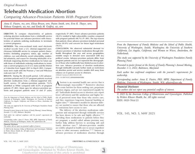 ACOG Green Journal Advanced Provision abortion pill study failed to note conflicts ACOG Green Journal Advanced Provision abortion pill study failed to note conflicts