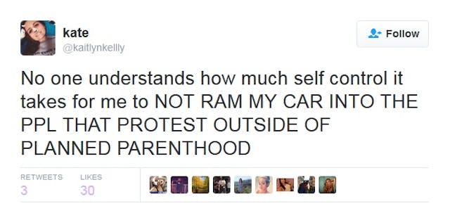 Planned Parenthood supporter tweets desire to ‘ram my car’ into pro-lifers image