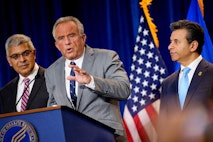 WASHINGTON, DC - APRIL 22: Health and Human Services Secretary Robert F. Kennedy Jr., accompanied by National Institutes of Health Director Jayanta Bhattacharya (L), and Food and Drug Administration Commissioner Marty Makary (R) speaks during a news conference at the Health and Human Services Department on April 22, 2025 in Washington, DC. Kennedy and Makary spoke about the intent of the FDA "to phase out the use of petroleum-based synthetic dyes in the nation's food supply." (Photo by Andrew Harnik/Getty Images) HHS Secretary Kennedy Holds News Conference On Synthetic Dyes In Food Supply