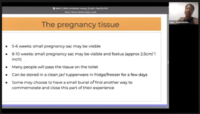 Screenshot: ASC ‘pregnancy tissue’ slide – AFY/DOPO Sex ed leader trains teens as ‘abortion doulas’ who lead women to lie about abortion pill injuries image
