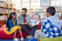 Male teacher reading a book to students while sitting in school library. Librarian read a fairy tale to a group of multiethnic primary schoolchildren. Middle eastern man at elementary school reading stories to little boys and curious girls. Teacher reading book to his little students in a library