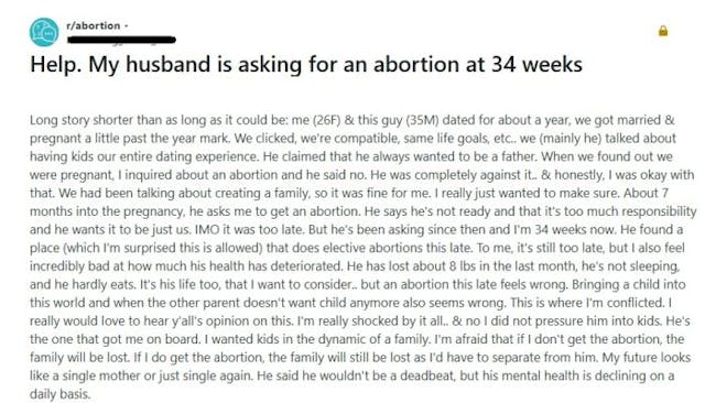 Reddit post on abortion at 34 weeks