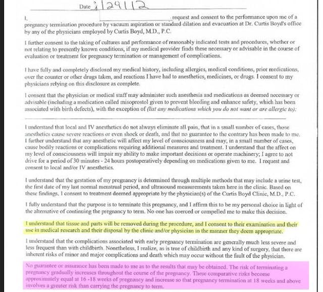 Curtis Boyd Consent Form – 2012 – admits abortion at 18 weeks and later is riskier than carrying to term. Late-term abortionist’s document: Carrying to term safer for women than abortion at 18+ weeks image