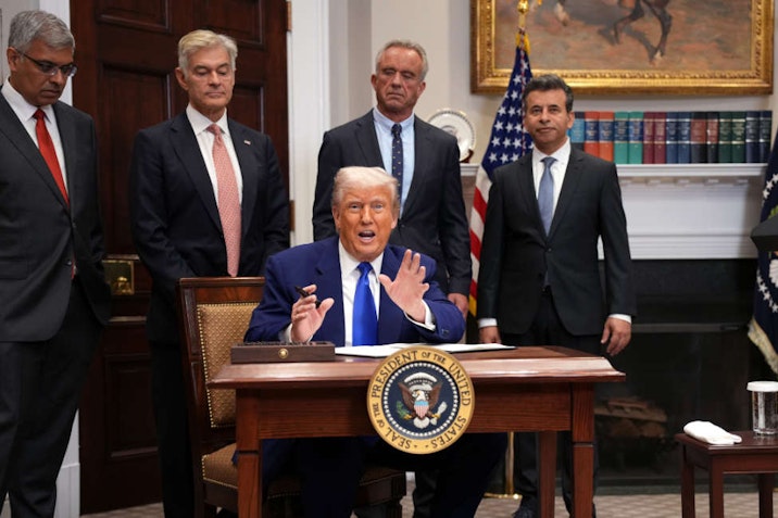 WASHINGTON, DC - MAY 12: U.S. President Donald Trump speaks as he signs an executive order aimed at reducing the cost of prescription drugs and pharmaceuticals by 30% to 80% during an event in the Roosevelt Room of the White House on May 12, 2025, in Washington, DC. Trump announced his plan to lower drug prices would tie their cost to drug prices paid in foreign nations. Trump was joined by National Institutes of Health (NIH) Director Jay Bhattacharya, Administrator for the Centers for Medicare & Medicaid Services (CMS) Mehmet Oz, Human Services Secretary Robert F. Kennedy Jr. (C) and Food and Drug Administration (FDA) Commissioner Martin Makary. (Photo by Andrew Harnik/Getty Images) President Trump Announces Plan To Reduce The Cost Of Prescription Drugs